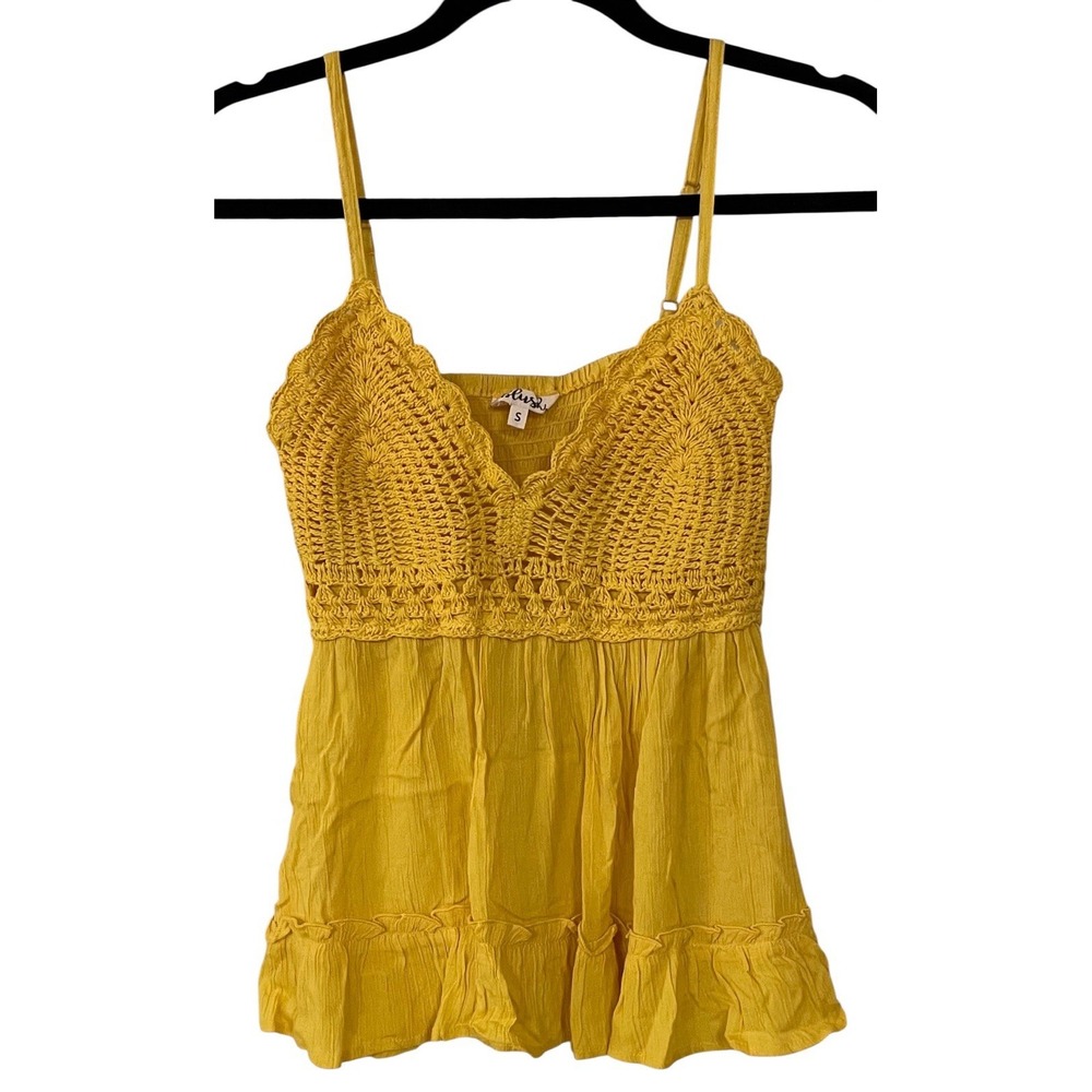 Blush Yellow Crochet‎ Sweetheart Smocked Ruffle Tank Y2K Festival Beach Boho S